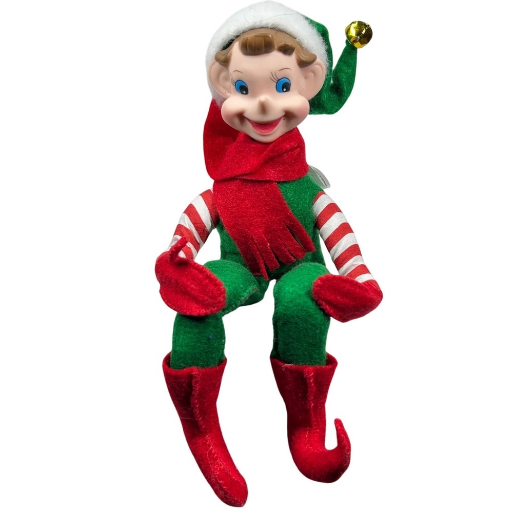 The Vermont Country Store Christmas Elf Shelf Sitter Green Red Striped 12"